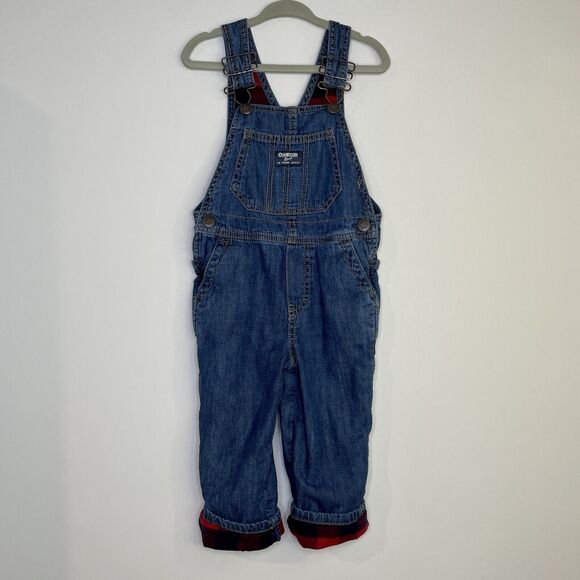 OshKosh B'gosh Plaid Overalls Kids 2T Dark Wash Flannel Lined Toddler Photos - Picture 1 of 14